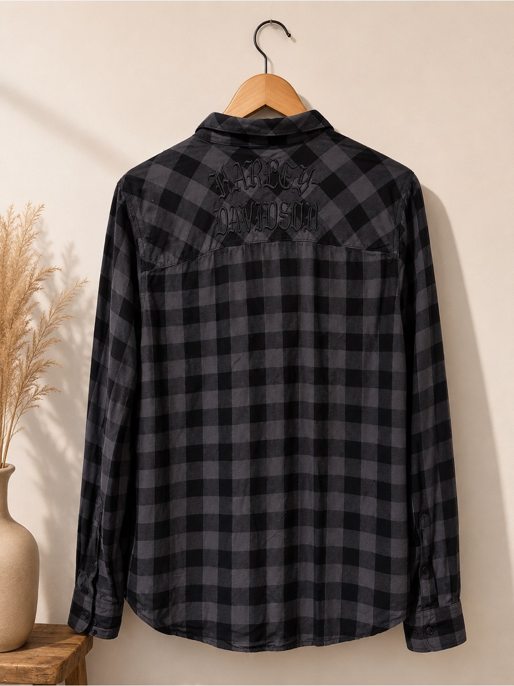 Harley-Davidson Black & Grey Plaid Button-Up Shirt | Embroidered Logo |Large - Picture 3 of 11